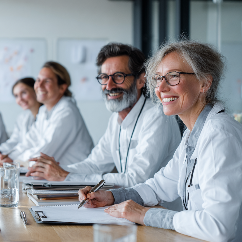 Усміхнена європейська жінка середнього віку з здоровою їжею на тарілці, реалістичний стиль, кухонне середовище